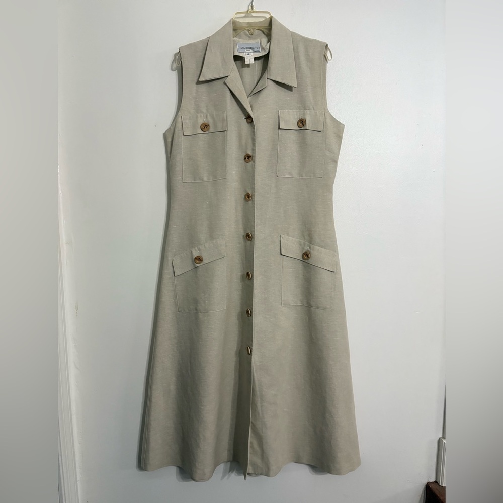 Tareti Howard Levi Vintage Linen Sleeveless Beige Button-Down Dress Size 12